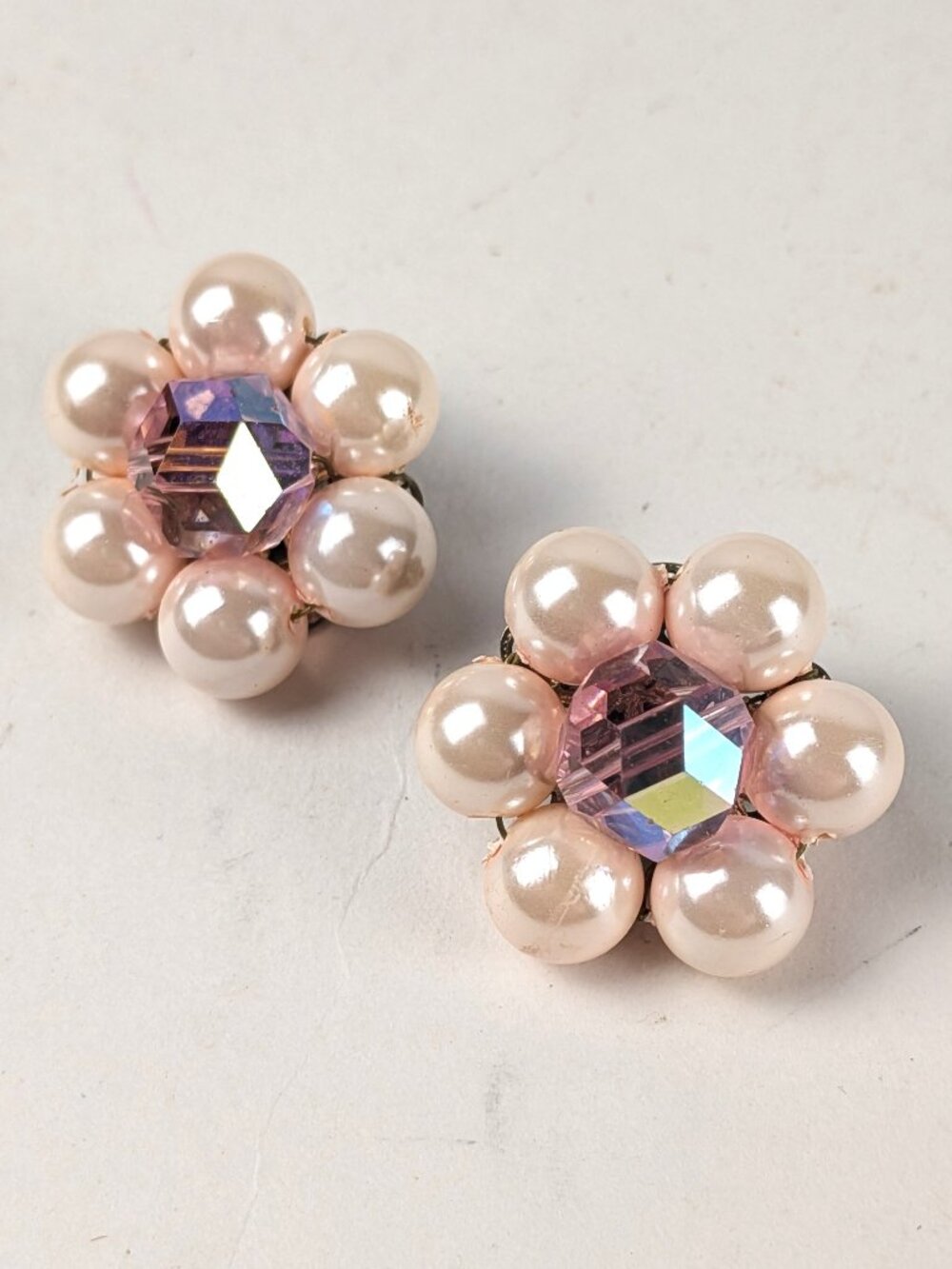 Vintage Pink Pearl Floral Beaded Clip-on Earrings